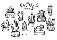 Hand drawn amazing cactuses in cute pots isolated on the white background. Ink drawn set. stock illustration Hand drawn amazing cactuses in cute pots isolated on the white background. Ink drawn set. stock illustration
