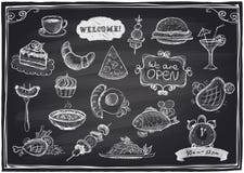 Hand drawn assorted food and drinks graphic.