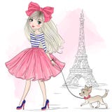 Hand drawn beautiful, cute fashion girl with pretty dog chihuahua.