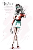 Hand drawn beautiful young woman with bag. Stylish elegant blond hair girl in sunglasses. Fashion woman full body portrait. royalty free illustration Hand drawn beautiful young woman with bag. Stylish elegant blond hair girl in sunglasses. Fashion woman full body portrait. royalty free illustration