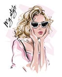 Hand drawn beautiful young woman in sunglasses. Stylish blonde hair girl. Fashion woman look. Sketch.