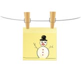 Hand-drawn christmas snowman on yellow sticker hanging on clothespins. Vector on white background. Hand-drawn christmas tree and santa claus and snowman on three royalty free illustration Hand-drawn christmas snowman on yellow sticker hanging on clothespins. Vector on white background. Hand-drawn christmas tree and santa claus and snowman on three royalty free illustration