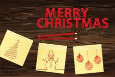 Hand-drawn christmas tree and red balls on three yellow stickers. Greeting card. Vector with pencils on wooden background. Hand-drawn christmas tree and santa vector illustration Hand-drawn christmas tree and red balls on three yellow stickers. Greeting card. Vector with pencils on wooden background. Hand-drawn christmas tree and santa vector illustration