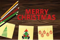 Hand-drawn christmas tree and santa claus and red balls on three yellow stickers. Greeting card. Vector with colorful pencils on. Wooden background stock illustration Hand-drawn christmas tree and santa claus and red balls on three yellow stickers. Greeting card. Vector with colorful pencils on. Wooden background stock illustration