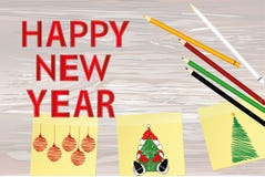 Hand-drawn christmas tree and santa claus and red balls on three yellow stickers. Greeting card. Vector with colorful pencils on. Wooden background vector illustration Hand-drawn christmas tree and santa claus and red balls on three yellow stickers. Greeting card. Vector with colorful pencils on. Wooden background vector illustration