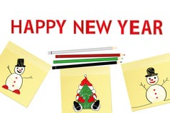 Hand-drawn christmas tree and santa claus and snowman on three yellow stickers. Greeting card. Vector with colorful pencils on. White background royalty free illustration Hand-drawn christmas tree and santa claus and snowman on three yellow stickers. Greeting card. Vector with colorful pencils on. White background royalty free illustration