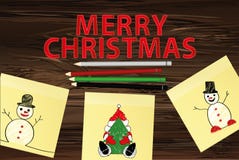Hand-drawn christmas tree and santa claus and snowman on three yellow stickers. Greeting card. Vector with colorful pencils on. Wooden background vector illustration Hand-drawn christmas tree and santa claus and snowman on three yellow stickers. Greeting card. Vector with colorful pencils on. Wooden background vector illustration