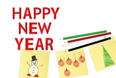 Hand-drawn christmas tree and snowman and red balls on three yellow stickers. Greeting card. Vector with colorful pencils on white. Background royalty free illustration Hand-drawn christmas tree and snowman and red balls on three yellow stickers. Greeting card. Vector with colorful pencils on white. Background royalty free illustration