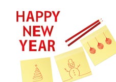 Hand-drawn christmas tree and snowman and red balls on three yellow stickers. Greeting card. Vector with pencils on white. Hand-drawn christmas tree and santa stock illustration Hand-drawn christmas tree and snowman and red balls on three yellow stickers. Greeting card. Vector with pencils on white. Hand-drawn christmas tree and santa stock illustration