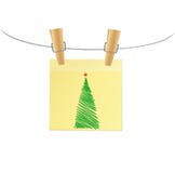 Hand-drawn christmas tree on yellow sticker hanging on clothespins. Vector on white background. Hand-drawn christmas tree and santa claus and snowman on three stock illustration Hand-drawn christmas tree on yellow sticker hanging on clothespins. Vector on white background. Hand-drawn christmas tree and santa claus and snowman on three stock illustration