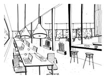 Hand drawn coworking cluster. Modern office interior, open space. workspace with computers, laptops, lighting and place royalty free illustration Hand drawn coworking cluster. Modern office interior, open space. workspace with computers, laptops, lighting and place royalty free illustration