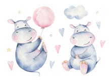 Hand drawn cute isolated tropical summer watercolor hippo animals. hippopotamus baby and mother cartoon animal
