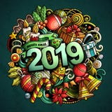 2019 hand drawn doodles illustration. New Year objects and elements poster. Design. Creative cartoon holidays art background. Colorful vector drawing vector illustration 2019 hand drawn doodles illustration. New Year objects and elements poster. Design. Creative cartoon holidays art background. Colorful vector drawing vector illustration
