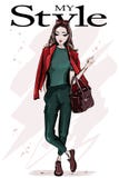 Hand drawn fashion woman with bag. Stylish beautiful young woman with sunglasses. Fashion model posing. Stock Images Hand drawn fashion woman with bag. Stylish beautiful young woman with sunglasses. Fashion model posing. Stock Images