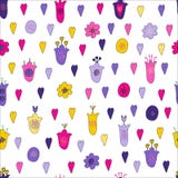 Hand drawn flowers and hearts doodle seamless pattern. Pink, purple, yellow, violet flowers. Naive style, Endless pattern royalty free illustration Hand drawn flowers and hearts doodle seamless pattern. Pink, purple, yellow, violet flowers. Naive style, Endless pattern royalty free illustration