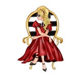 Hand drawn Illustration - pretty Blonde Girl Sitting on chair wearing red dress Stock Image Hand drawn Illustration - pretty Blonde Girl Sitting on chair wearing red dress Stock Image