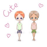 Hand drawn illustration of two short haired teenage girls in diagonal cap sleeved tops and shorts, sitting vector illustration Hand drawn illustration of two short haired teenage girls in diagonal cap sleeved tops and shorts, sitting vector illustration