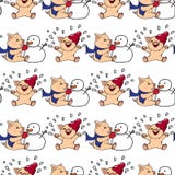 Hand-drawn Illustrations. New Year Card. Winter Card With Pigs. Children Playing With Snow. Piglets And Snowman. Seamless Stock Photo Hand-drawn Illustrations. New Year Card. Winter Card With Pigs. Children Playing With Snow. Piglets And Snowman. Seamless Stock Photo