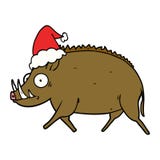 Hand Drawn Line Drawing Of A Wild Boar Wearing Santa Hat Royalty Free Stock Images