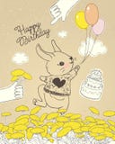 Hand drawn rabbit with colorful balloons on floral meadow. Can be used for baby shower celebration greeting card, happy vector illustration Hand drawn rabbit with colorful balloons on floral meadow. Can be used for baby shower celebration greeting card, happy vector illustration