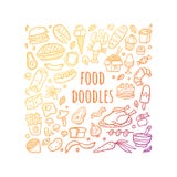 Hand-drawn reeks van het krabbelvoedsel Gestileerd gradiëntvlees, burgers, noedel, groenten, zeevruchten, en snoepjes stock illustratie Hand-drawn reeks van het krabbelvoedsel Gestileerd gradiëntvlees, burgers, noedel, groenten, zeevruchten, en snoepjes stock illustratie