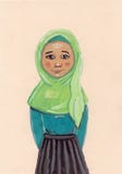 Hand drawn religious muslim woman.  Young girl. Female in green scarf and black skirt. Gouache and watercolor drawing. Graphic ske