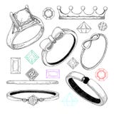 Hand drawn a set of different jewelry rings. Vector illustration royalty free illustration Hand drawn a set of different jewelry rings. Vector illustration royalty free illustration
