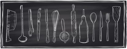 Hand drawn set of kitchen utensils on a chalkboard. Royalty Free Stock Photography Hand drawn set of kitchen utensils on a chalkboard. Royalty Free Stock Photography