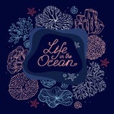 Hand-drawn set of life items in the ocean and text royalty free illustration Hand-drawn set of life items in the ocean and text royalty free illustration