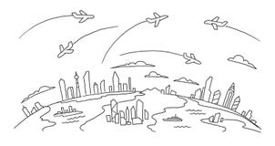 Hand Drawn Sketch Lanes Fly Over The Cities Above The Ground Air Flights Airline Banner Hand Drawn Black Line Stock Vector Illustration Of Pencil Hand