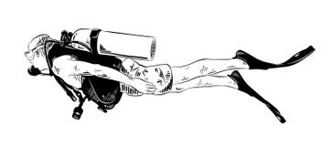 Hand Drawn Sketch Of Diver In Black Isolated On White Background. Detailed Vintage Etching Style Drawing. Stock Photos Hand Drawn Sketch Of Diver In Black Isolated On White Background. Detailed Vintage Etching Style Drawing. Stock Photos