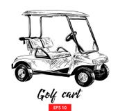 Hand Drawn Sketch Of Golf Cart In Black Isolated On White Background. Detailed Vintage Etching Style Drawing. Stock Photo Hand Drawn Sketch Of Golf Cart In Black Isolated On White Background. Detailed Vintage Etching Style Drawing. Stock Photo