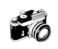 Hand drawn sketch of retro camera in isometry isolated on white background. Detailed vintage etching style drawing royalty free illustration Hand drawn sketch of retro camera in isometry isolated on white background. Detailed vintage etching style drawing royalty free illustration