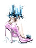 Hand drawn stylish pink shoes with pom pom. Female legs in fashion shoes. Sketch.
