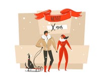 Hand drawn vector abstract Merry Christmas and Happy New Year cartoon illustrations greeting card with outdoor family. People couple,dog on sleigh and modern royalty free illustration Hand drawn vector abstract Merry Christmas and Happy New Year cartoon illustrations greeting card with outdoor family. People couple,dog on sleigh and modern royalty free illustration