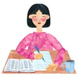 A girl with dark straight hair in pink, writing vector illustration A girl with dark straight hair in pink, writing vector illustration