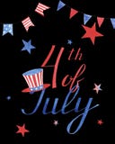 Watercolor greeting card with stars and hat to independence day of America on black background