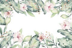 Hand drawn watercolor tropical flower background. Exotic palm leaves, jungle tree, brazil tropic botanical decoration