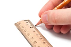 Hand Draws A Line With A Pencil And Ruler Stock Photography