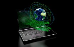 Hand emerging from computer screen on a black background, We use the elements presented NASA royalty free stock image Hand emerging from computer screen on a black background, We use the elements presented NASA royalty free stock image
