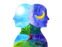 Hand för illustration för målning för vattenfärg för kraftigt för inspiration för chakra för mänskligt huvud för dygn abstrakt be stock illustrationer Hand för illustration för målning för vattenfärg för kraftigt för inspiration för chakra för mänskligt huvud för dygn abstrakt be stock illustrationer