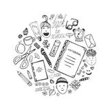 Hand getrokken inzameling met schoolkantoorbehoeften en kinderenpictogrammen Vectordiebureau in krabbelstijl wordt geplaatst Teru royalty-vrije illustratie Hand getrokken inzameling met schoolkantoorbehoeften en kinderenpictogrammen Vectordiebureau in krabbelstijl wordt geplaatst Teru royalty-vrije illustratie
