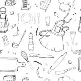 Hand getrokken naadloos patroon met Keukengerei royalty-vrije illustratie Hand getrokken naadloos patroon met Keukengerei royalty-vrije illustratie