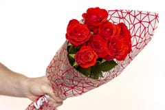 Hand holding bouquet of red roses over white background royalty free stock photos Hand holding bouquet of red roses over white background royalty free stock photos