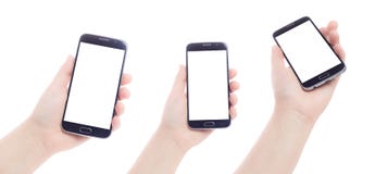 Hand holding mobile phone smartphone with blank screen. Hand holding black mobile phone smartphone with blank empty screen - close up, on white background stock images Hand holding mobile phone smartphone with blank screen. Hand holding black mobile phone smartphone with blank empty screen - close up, on white background stock images
