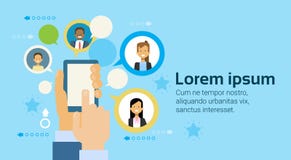 Hand Holding Smart Phone Or Digital Tablet Computer Business People Networking Icons Background vector illustration Hand Holding Smart Phone Or Digital Tablet Computer Business People Networking Icons Background vector illustration