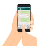 Hand holding smartphone, touching screen and write message in social network. vector illustration Hand holding smartphone, touching screen and write message in social network. vector illustration