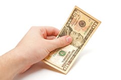 Hand Holds A 10 Dollar Bill Stock Image