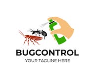 Hand holds spray and sprinkles on ants and cockroach, logo design. Pest control and bug control, in home and in agriculture, vecto Stock Photography Hand holds spray and sprinkles on ants and cockroach, logo design. Pest control and bug control, in home and in agriculture, vecto Stock Photography