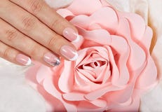Hand mit künstlichen französischen manikürten Nägeln und rosa rosafarbener Blume lizenzfreie stockbilder Hand mit künstlichen französischen manikürten Nägeln und rosa rosafarbener Blume lizenzfreie stockbilder